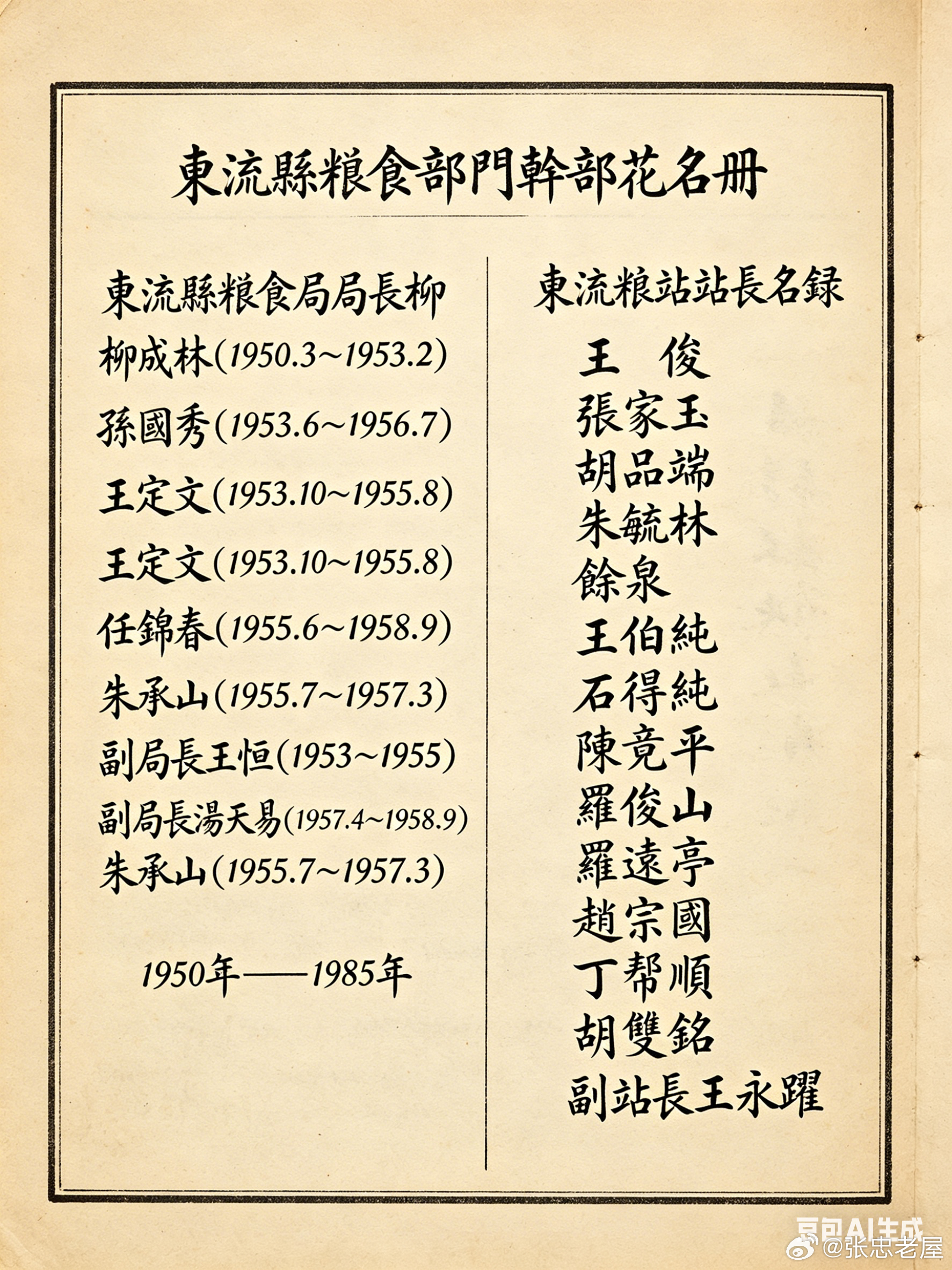 東流縣糧食部門幹部花名冊AI制图/来源：地方志東流縣糧食局局長柳成林(1950.
