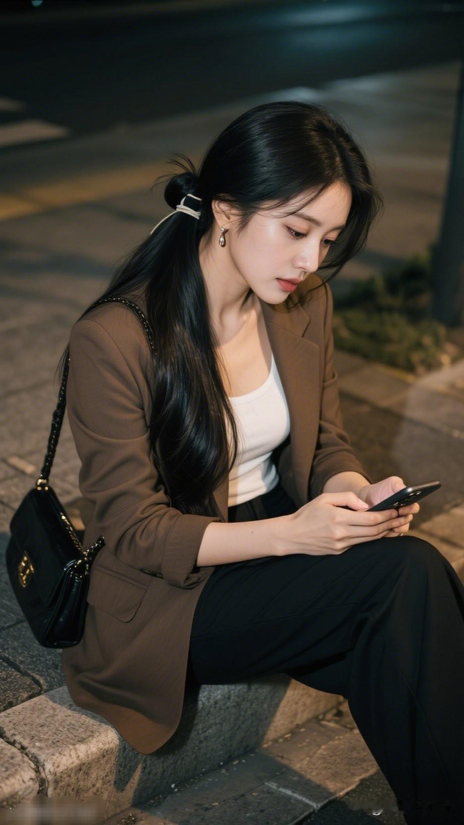 夜晚街头的时尚少女，沉思中低头看手机。甜妹的笑容有多治愈
