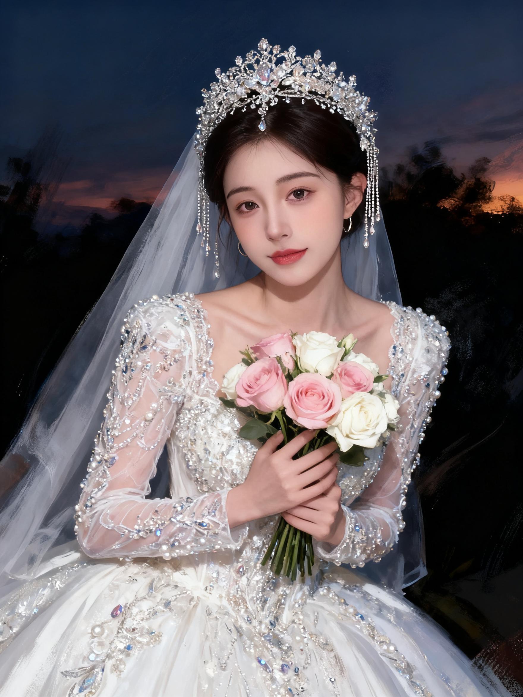 洁白的婚纱，手捧着鲜花，美丽的像童话。    👰