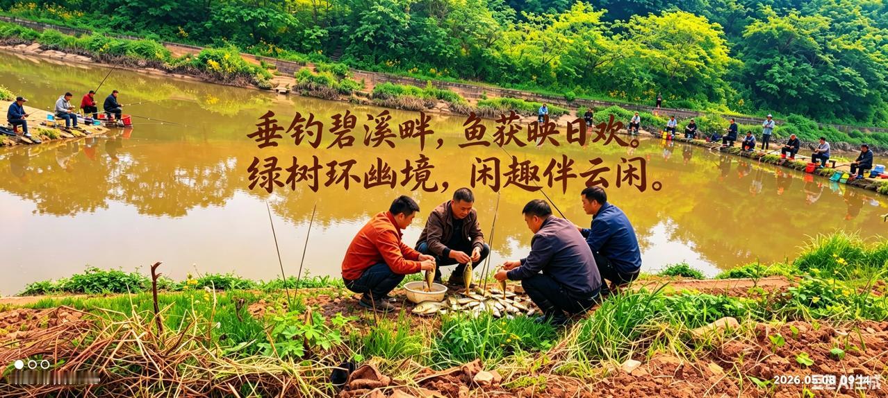 河畔垂钓获鲤
 
野岸晴川碧水长，
垂纶静坐钓风凉。
一丝浮漂牵心绪，
数尺渔竿