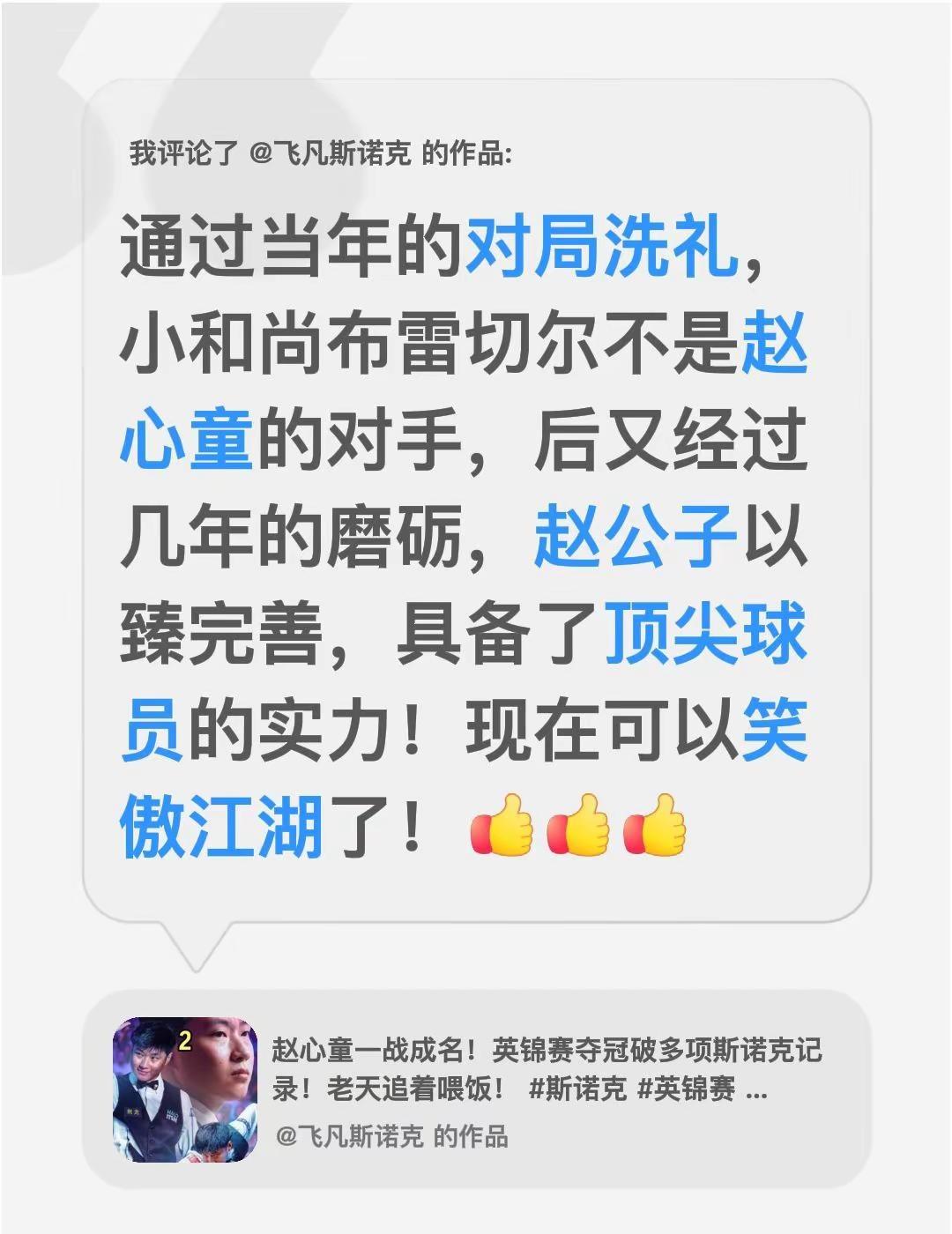 我评论了@飞凡斯诺克 的作品：通过当年的对局洗礼，小和尚布雷切尔不是赵心童的对手