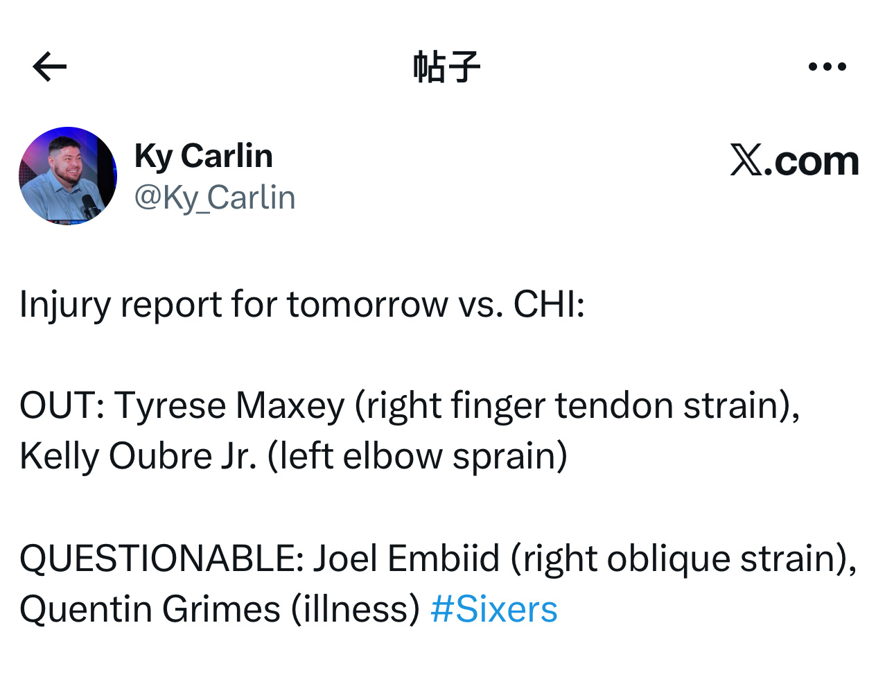 伤病报告更新，明天主场对阵公牛队比赛，泰雷斯·马克西（右手手指肌腱拉伤）、凯利·