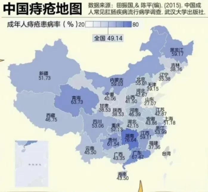 各省份成年人痔疮患病率分布图
全国平均患病率为49.14%
湖南最高，为76.6