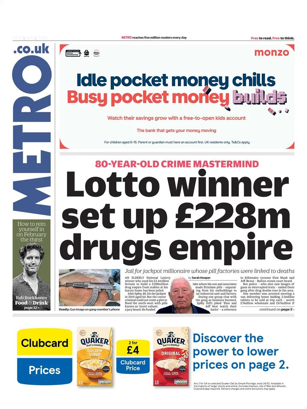 《地铁报》头版报道，这条新闻绝对是“炸裂”，一位英国80岁的国家彩票中奖得主为首