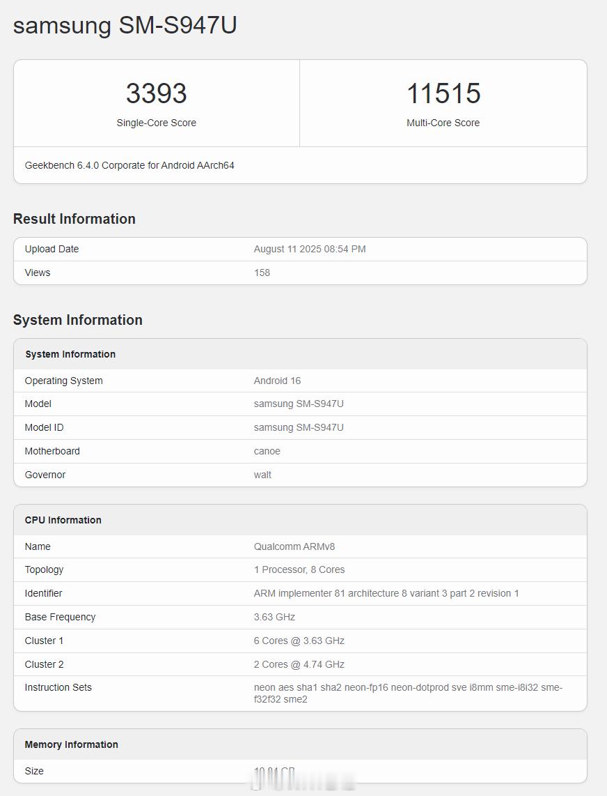 骁龙 8 Elite 2 For Galaxy 的 Geekbench6 跑分出