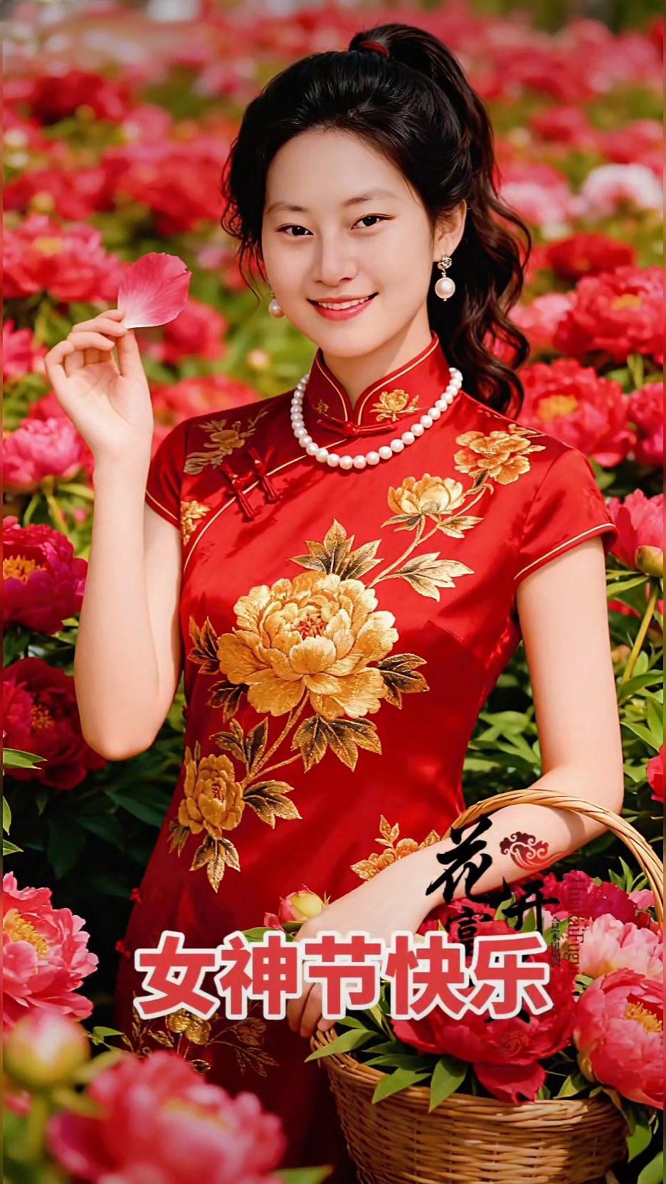 穿着旗袍，手拿花瓣，笑得真灿烂。