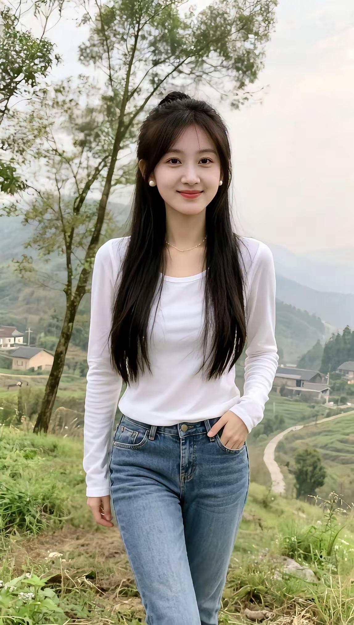 这位姑娘站在乡村小路上，笑容甜美。