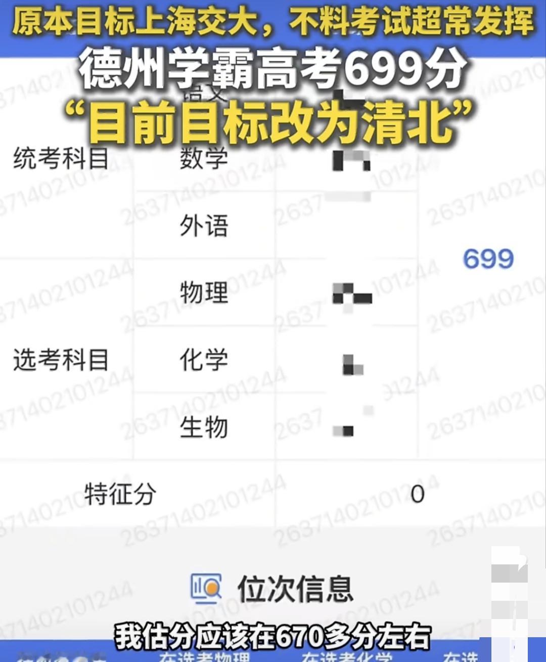 山东德州一中一考生考出了699分，直接把原定的上海交大志愿改成清北。

这位考生