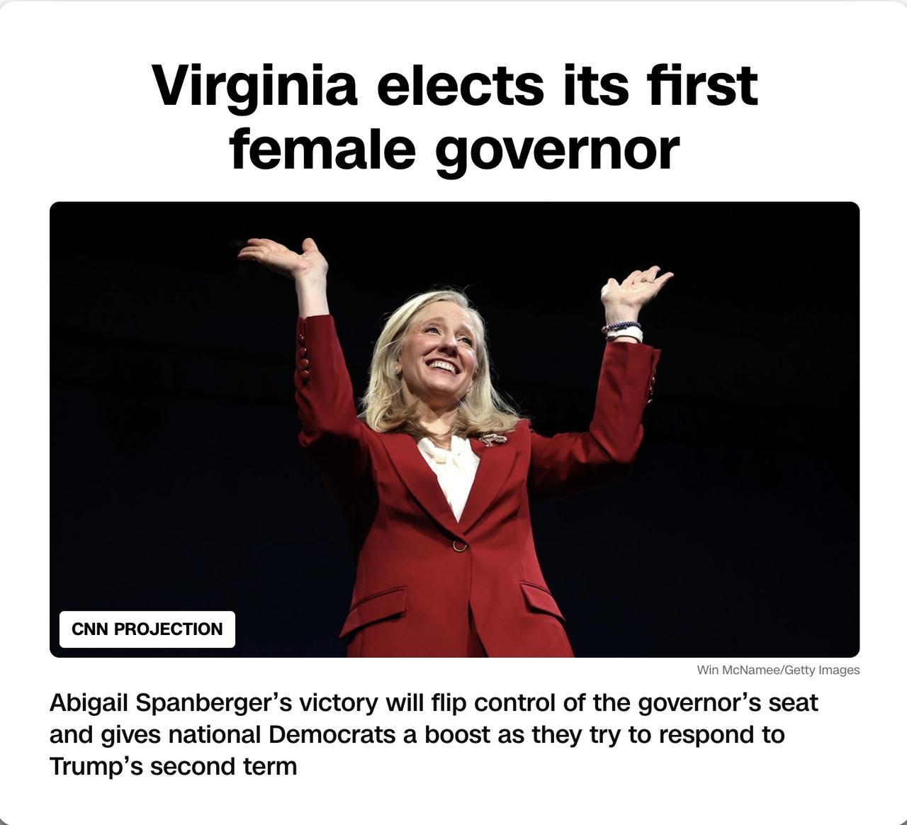 美国今天的几场重要选举，民主党实现全面横扫。

民主党人阿比盖尔·斯潘伯格当选弗