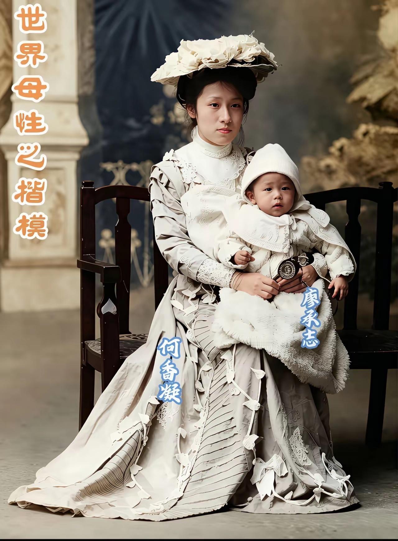 这张照片是1909年在东京拍摄的，何香凝穿着一身得体精致的礼服，怀里抱着年纪尚幼