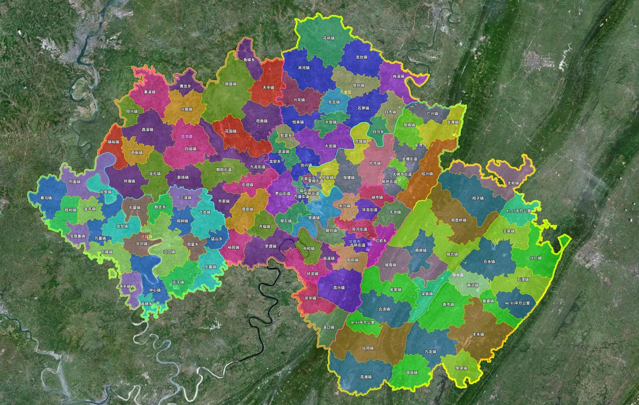 广安其实面积并不大，但是却有2个区，3个县，一个县级市，其中前锋区可以说是面积比