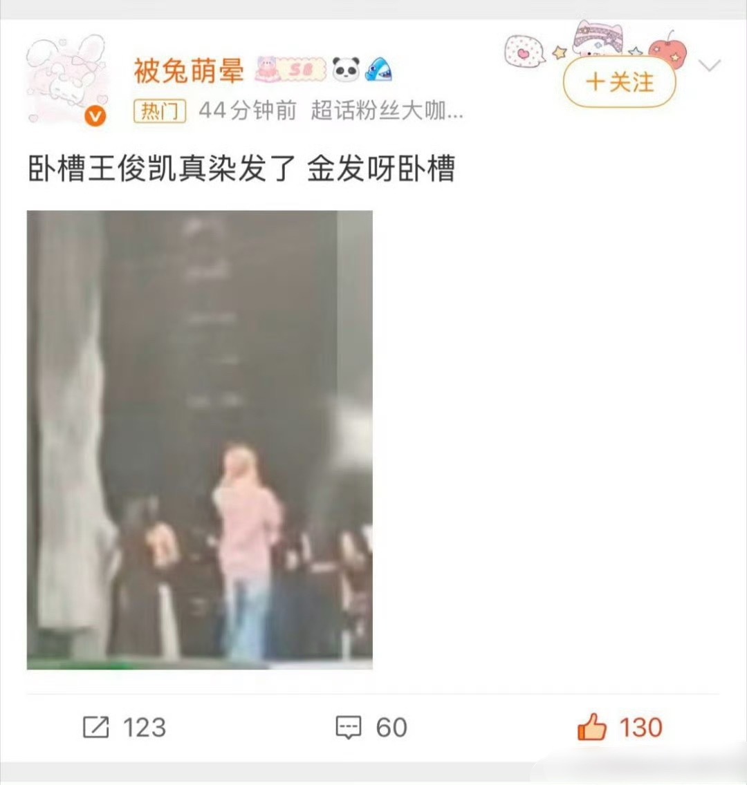 王俊凯 金发 王俊凯演唱会造型泄漏这个金发远远看很带感呢，之前的蓝发也好看 