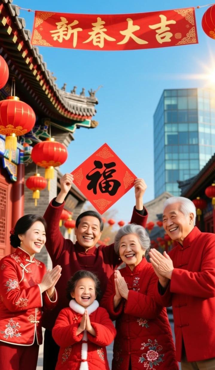 上方“新春大吉”的横幅随风飘扬，背景里传统飞檐与现代高楼相映，红灯笼点缀其间，整