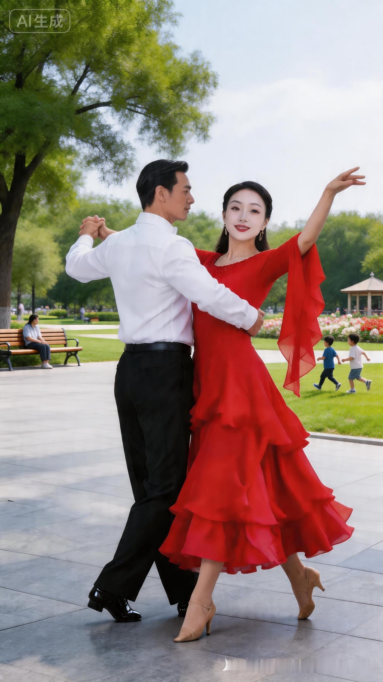 浪漫公园舞步，红裙飘飘，尽享美好时光！💃💃💃