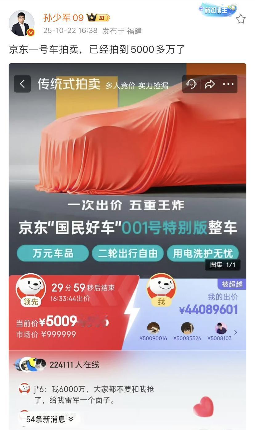 孙少军：京东的1号车，拍卖售价已经到了5,000万元！
这更多的还是一个宣传吧，