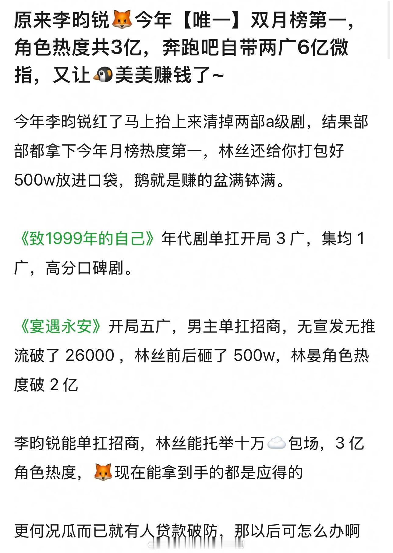 宴遇永安一个A级剧李昀锐招商5广，粉丝助力十万➕座ybc ，角色热度2e+，今年