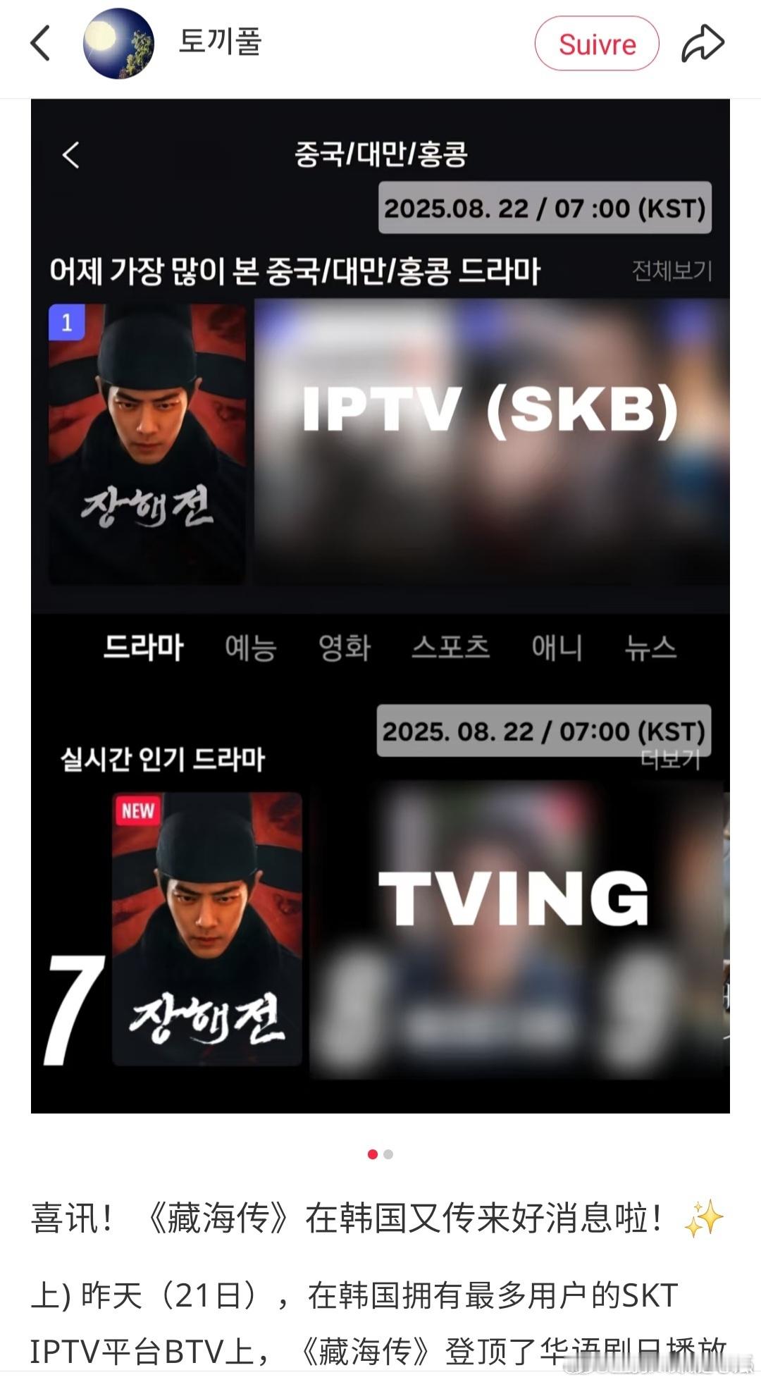 《藏海传》21日又又又登顶在韩国SKT IPTV平台BTV华语剧日播放量排行榜第