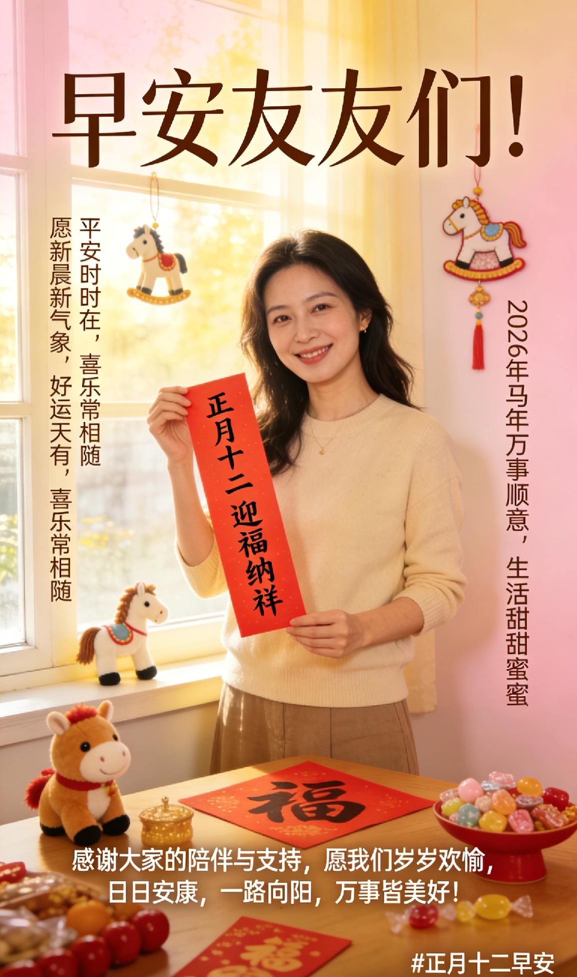 早安友友们！正月十二，迎福纳祥。愿新晨新气象，好运天天有，平安时时在，喜乐常相随