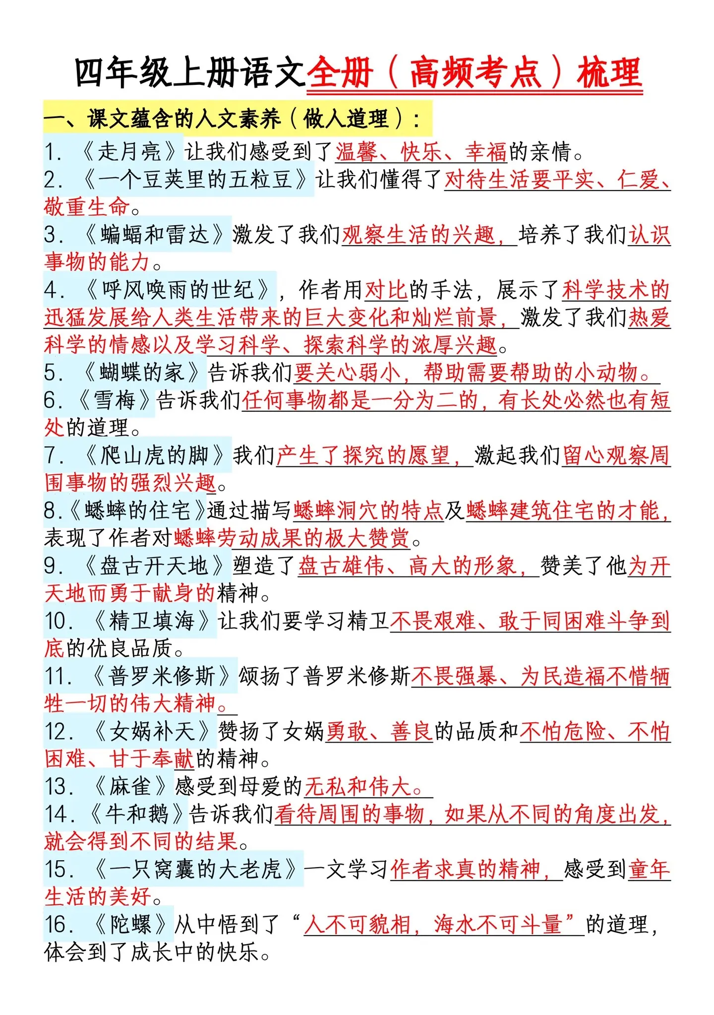 四年级上册语文全册高频考点梳理‼️。四年级上册语文全册高频考点梳理‼️...