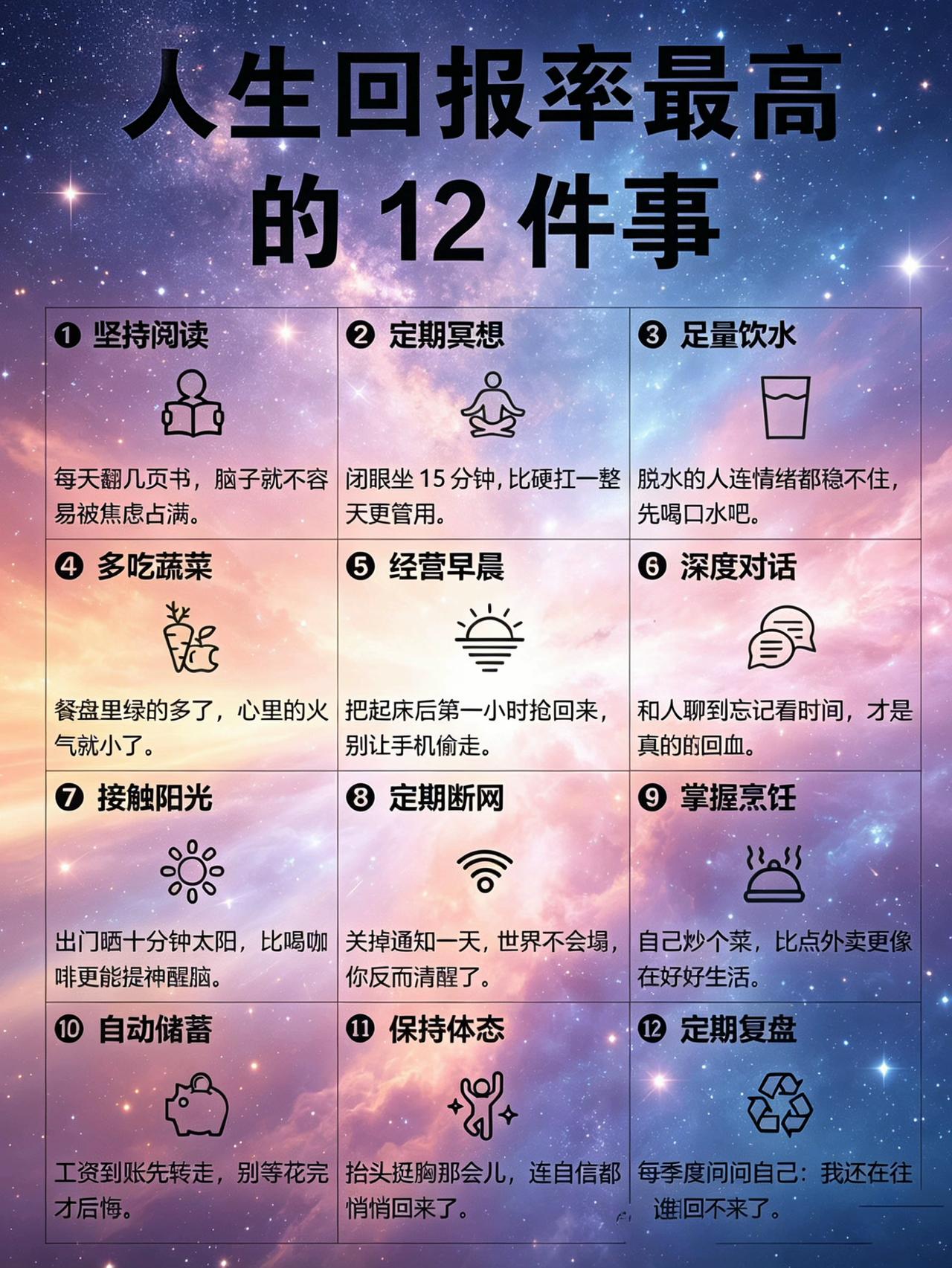 用心做好这12件事，
人生大概率很精彩。
[微笑][微笑][微笑]