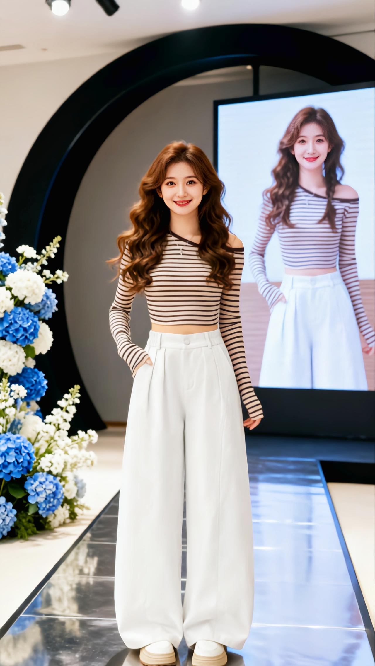 套装日上新 横纹阔腿裤女 直筒显瘦秀场同款长裤 穿搭 新款