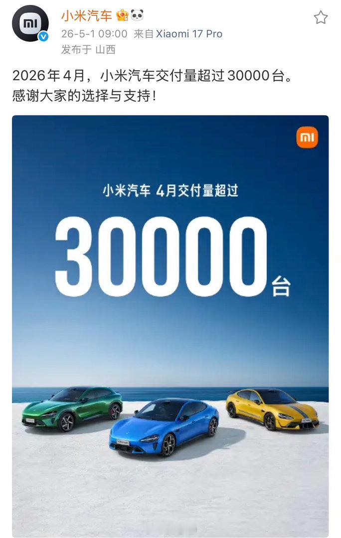 小米汽车四月交付超3万台，算是最早公布的了，今年的目标完成，没看出小米着急，应该