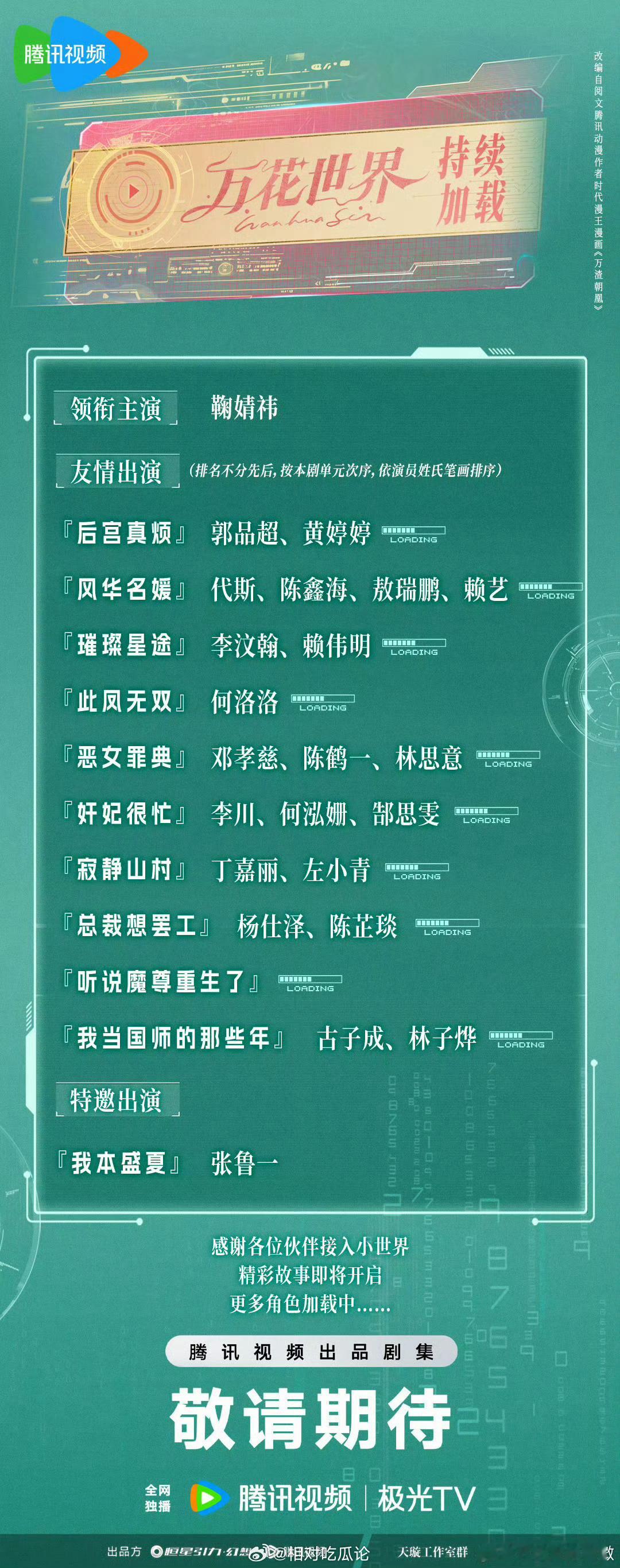 鞠婧祎《万花世界》官宣单元主演：领衔主演：鞠婧祎友情出演：(排名不分先后，按本剧