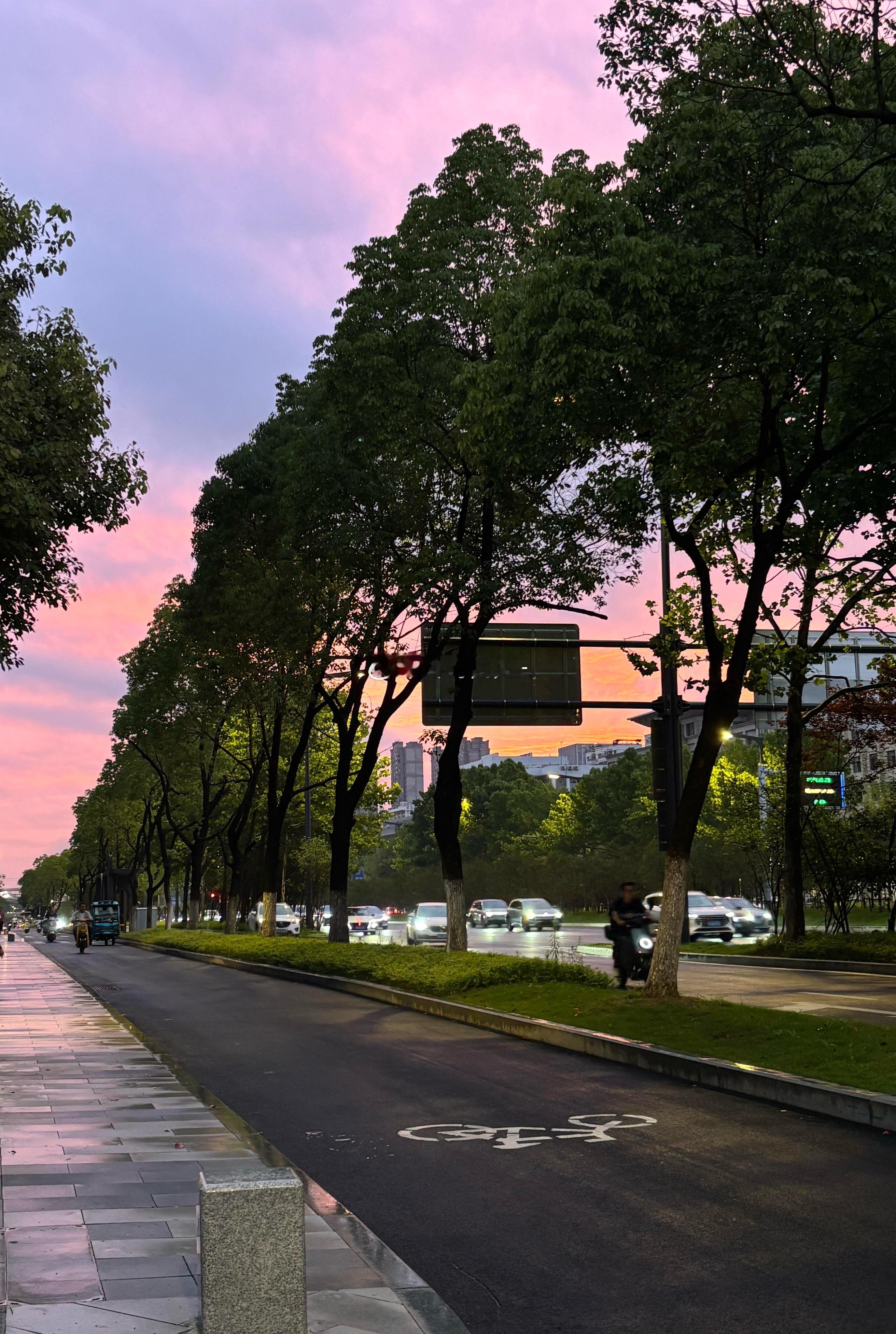走在这条路上真的很治愈 雨后粉紫天空真的少见，好美！ 