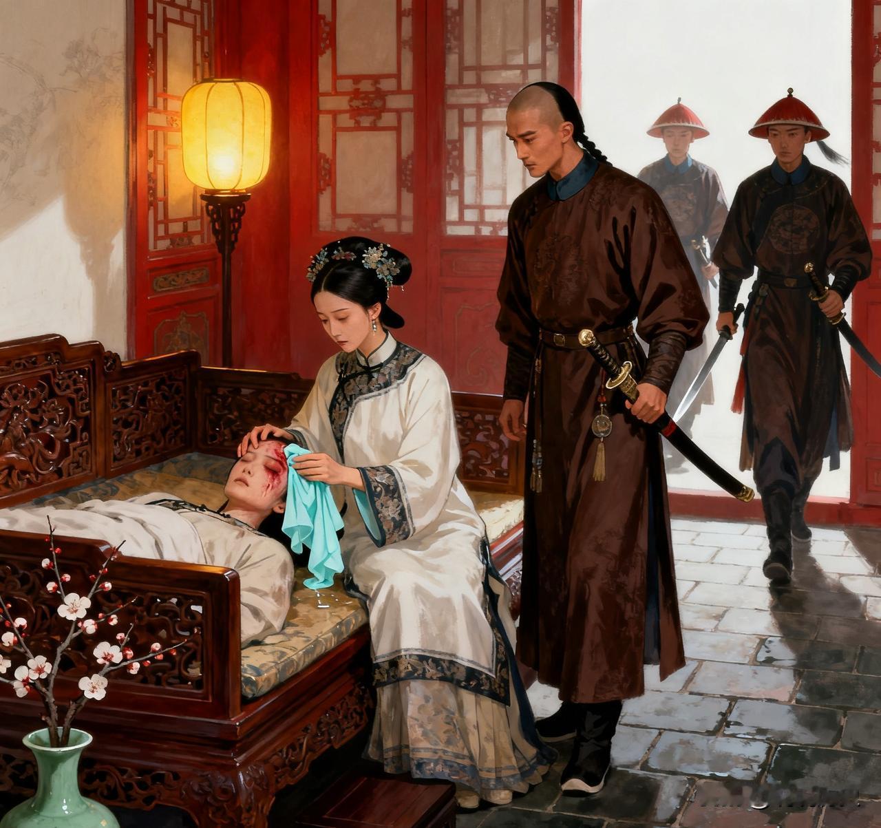 孝庄派苏麻喇姑出去办事，苏麻在路上被侍卫席纳布库刁难并打个半死。多尔衮前来探查，