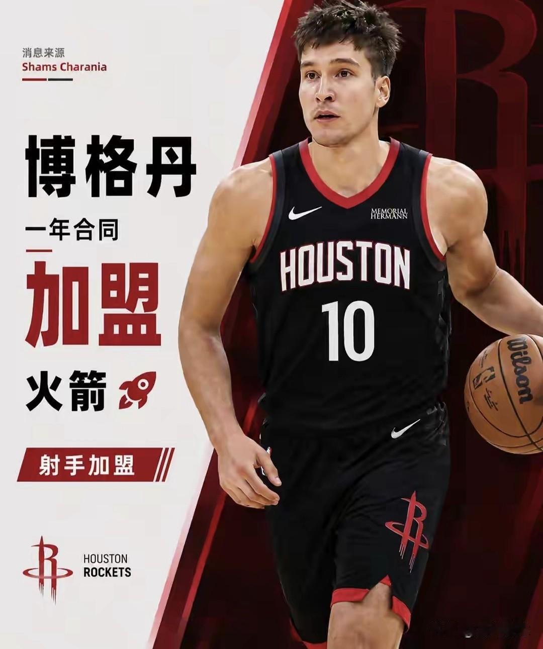 塞尔维亚神射手博格丹二入火箭，第一次还是哈登时期的交易添头，火箭没留，现在又以底