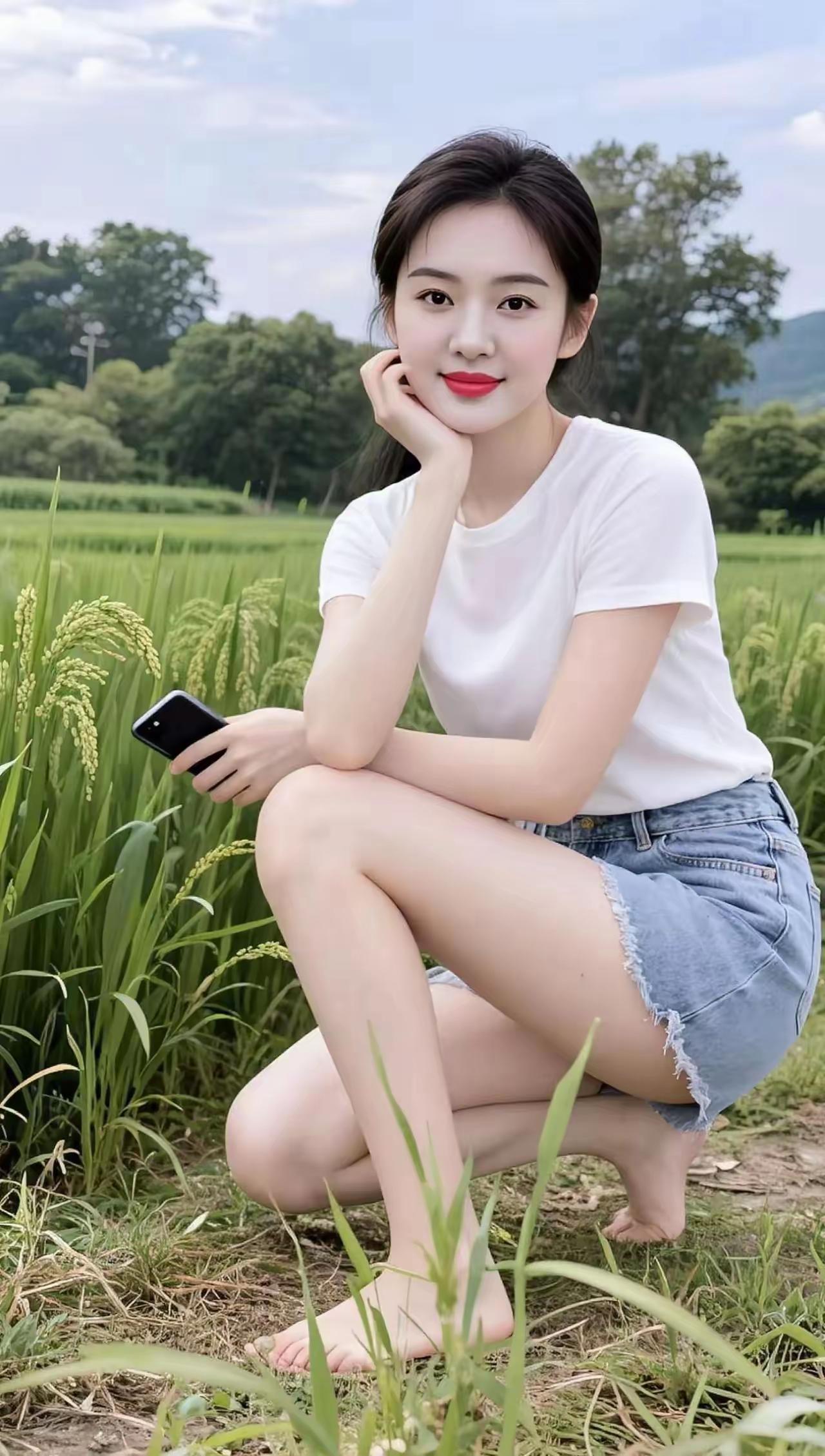 这姑娘在田野里拍照呢。
