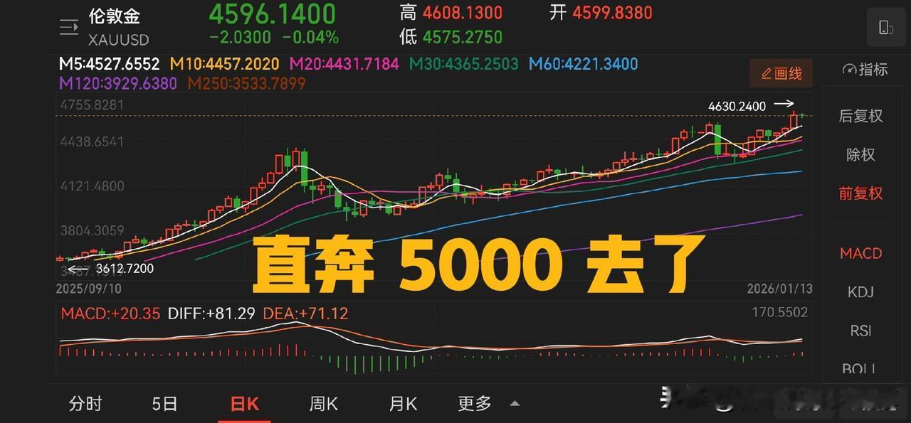 我们看金银铜的走势，黄金已经奔着 5000 美金去了，白银涨得最猛，伦敦铜仍然在