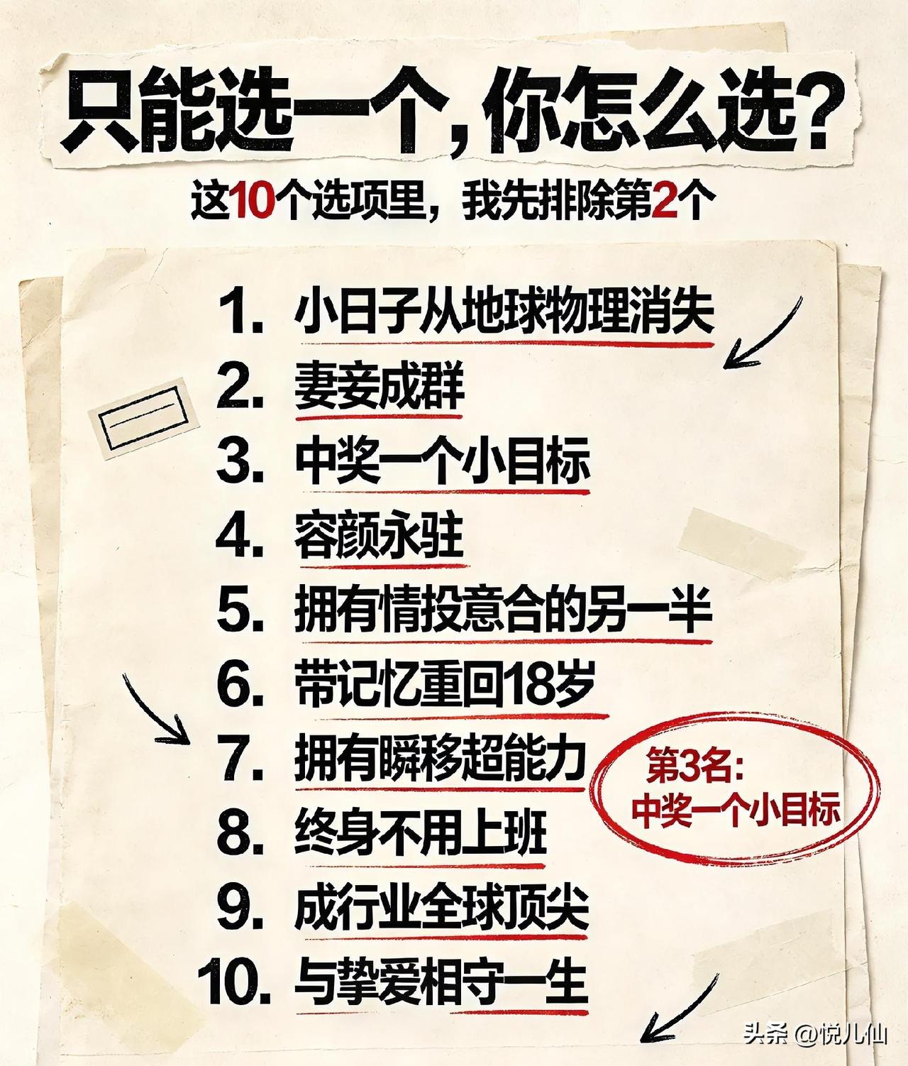 以下几个只能选一个，你怎么选？
1，小日子从地球物理消失
2，妻妾成群
3，中奖