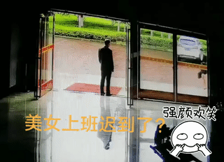 女子上班快迟到了急匆匆的往公司赶。
结果在公司门口，见到老板实在有点太紧张？
最