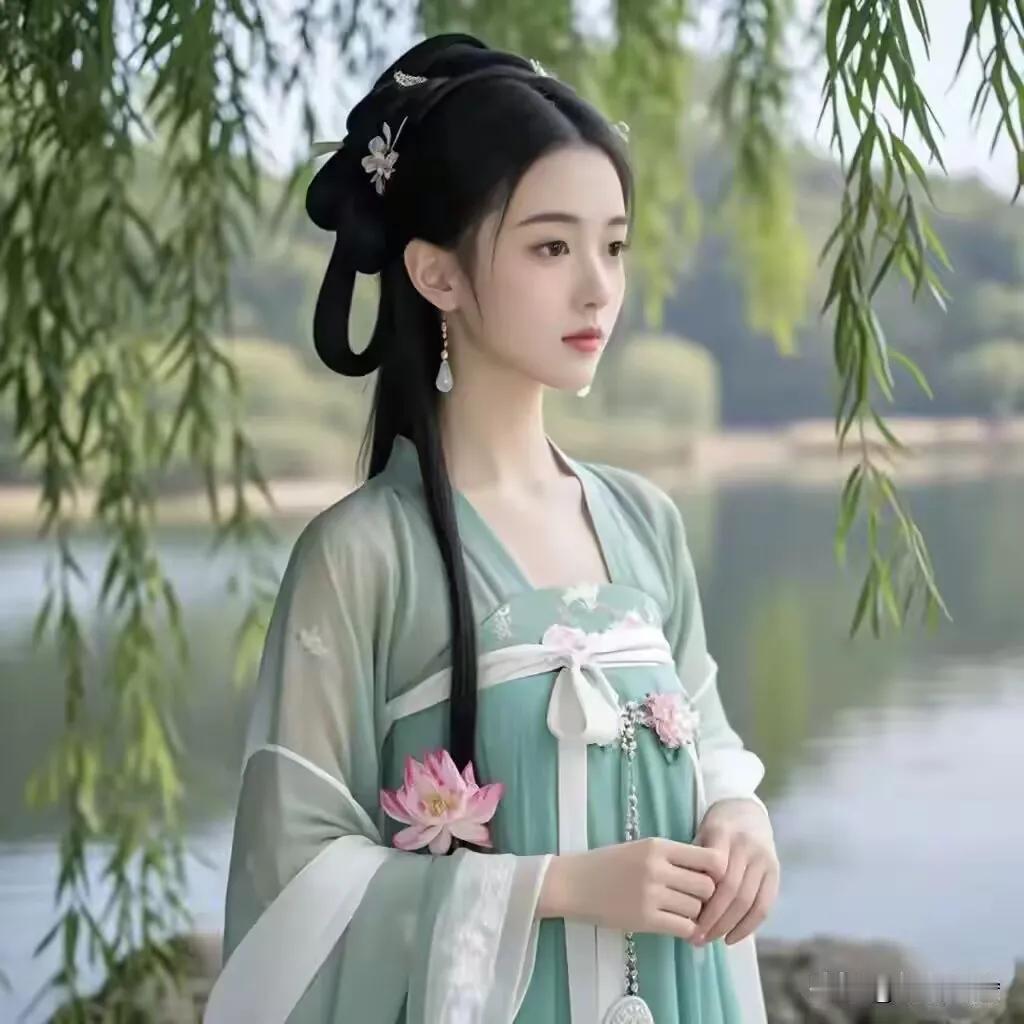 佳人如画

碧湖垂柳映佳人，
婉兮婀娜立湖滨。
黛眉朱唇娇俏影，
罗裙香囊舞缤纷