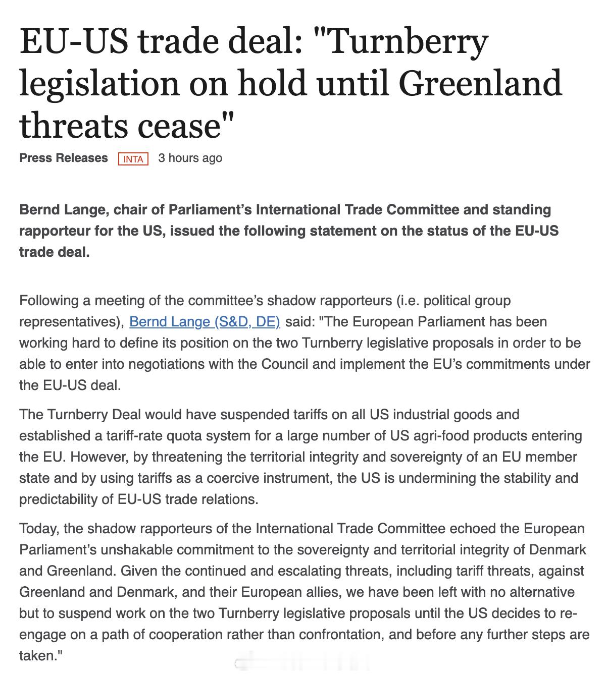 欧盟立法机构周三宣布，暂停对去年夏天与美国达成的贸易协议的正式批准和实施工作。欧