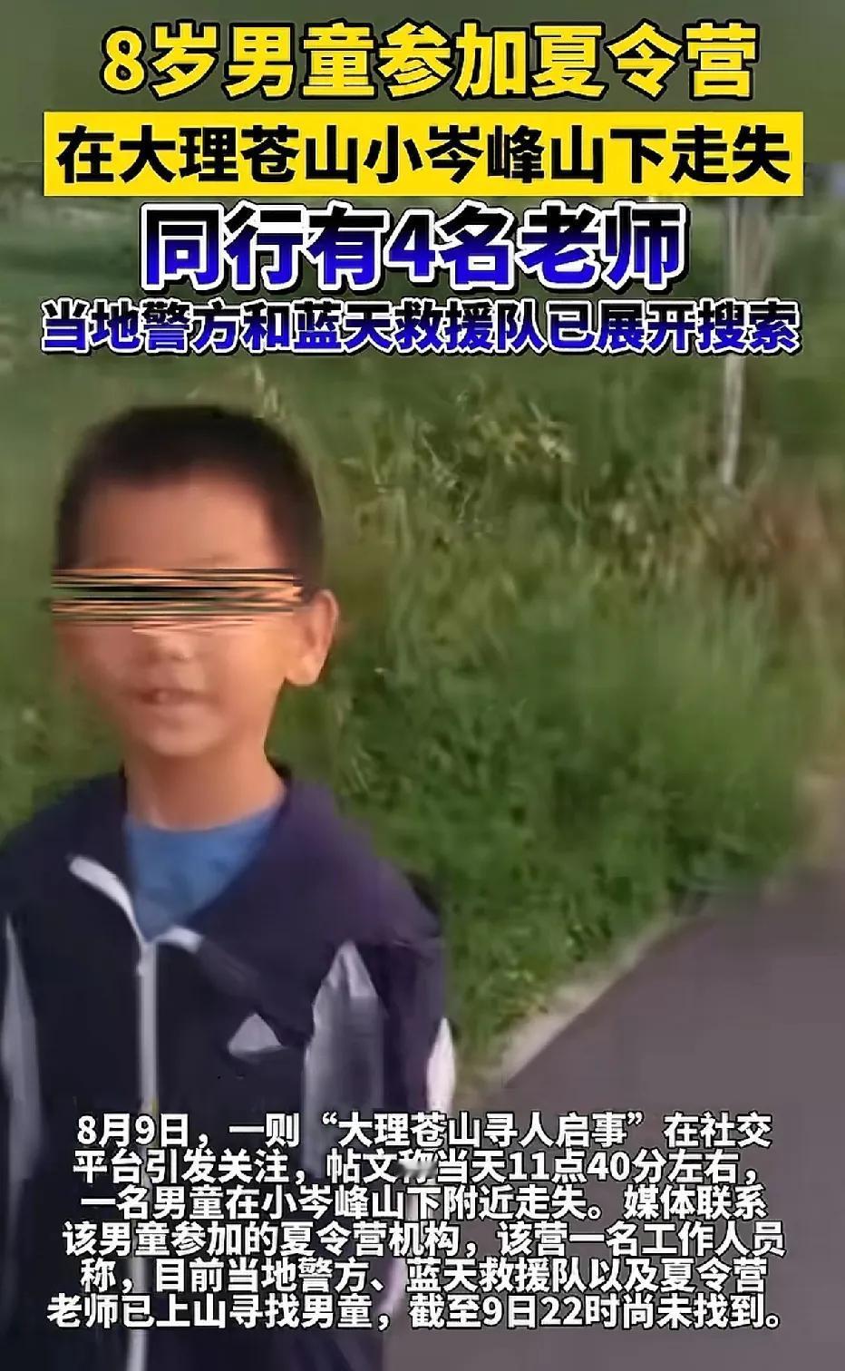 8岁男童于大理小岑峰山下走失。
男童来自北京，参加了名为“明日之光”的夏令营。该