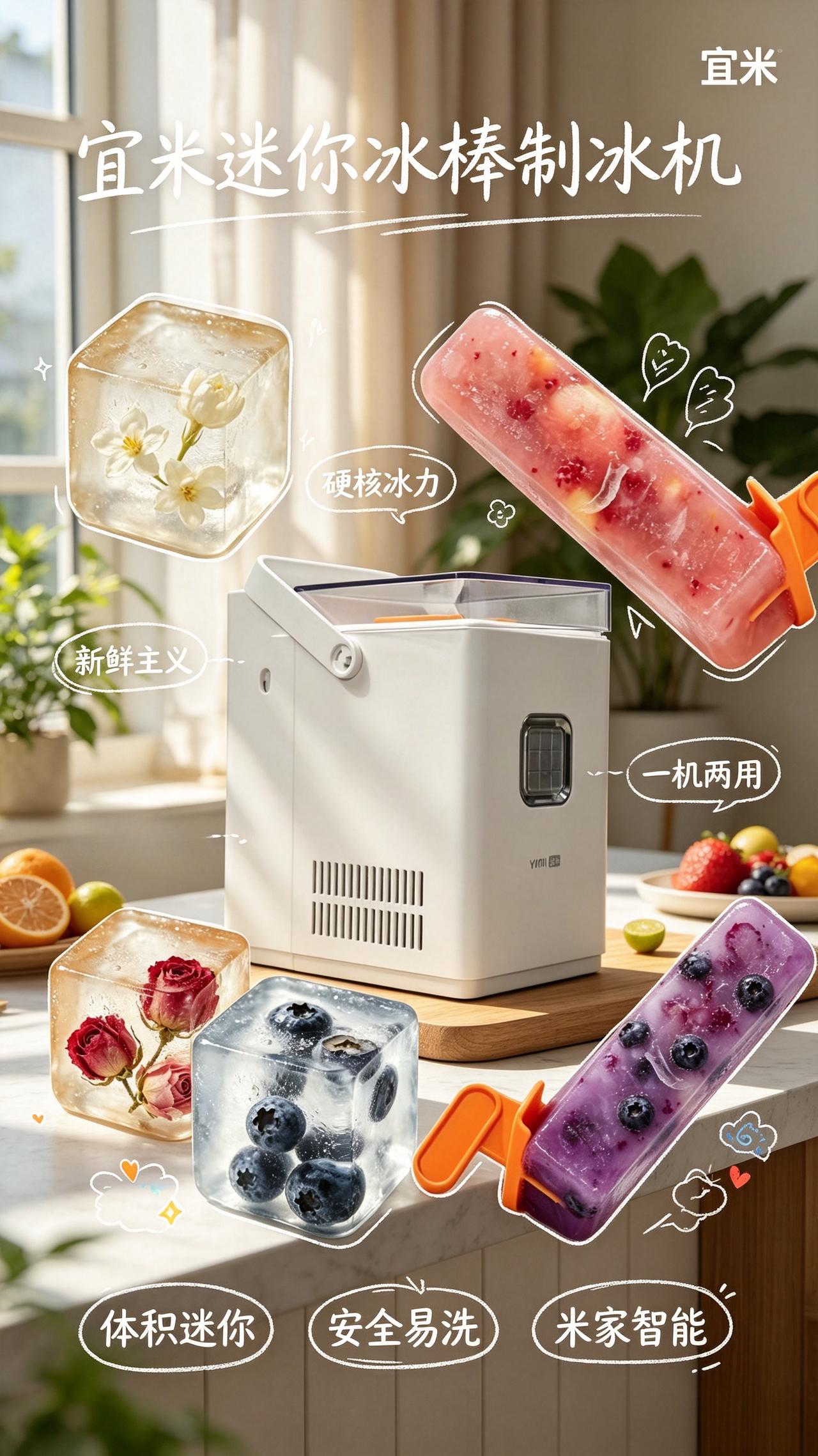 小空间也能拥有满满的冰爽快乐！宜米迷你冰棒制冰机，巴掌大的体积随便塞，配件啥的都