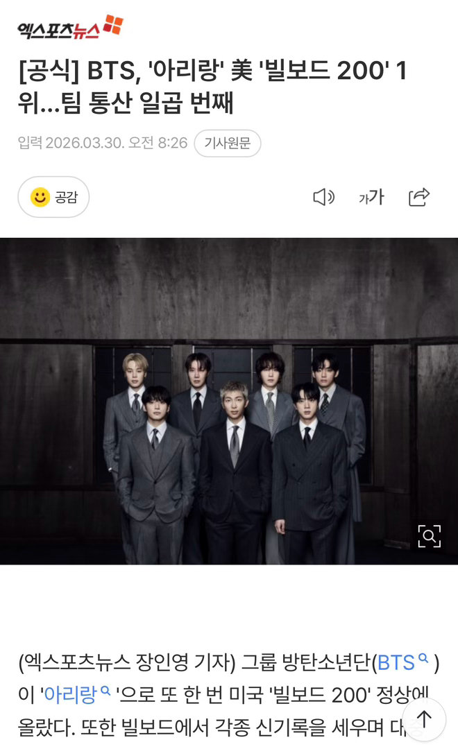 BTS《ARIRANG》获美国Billboard 200 一位…组合总计第7次一