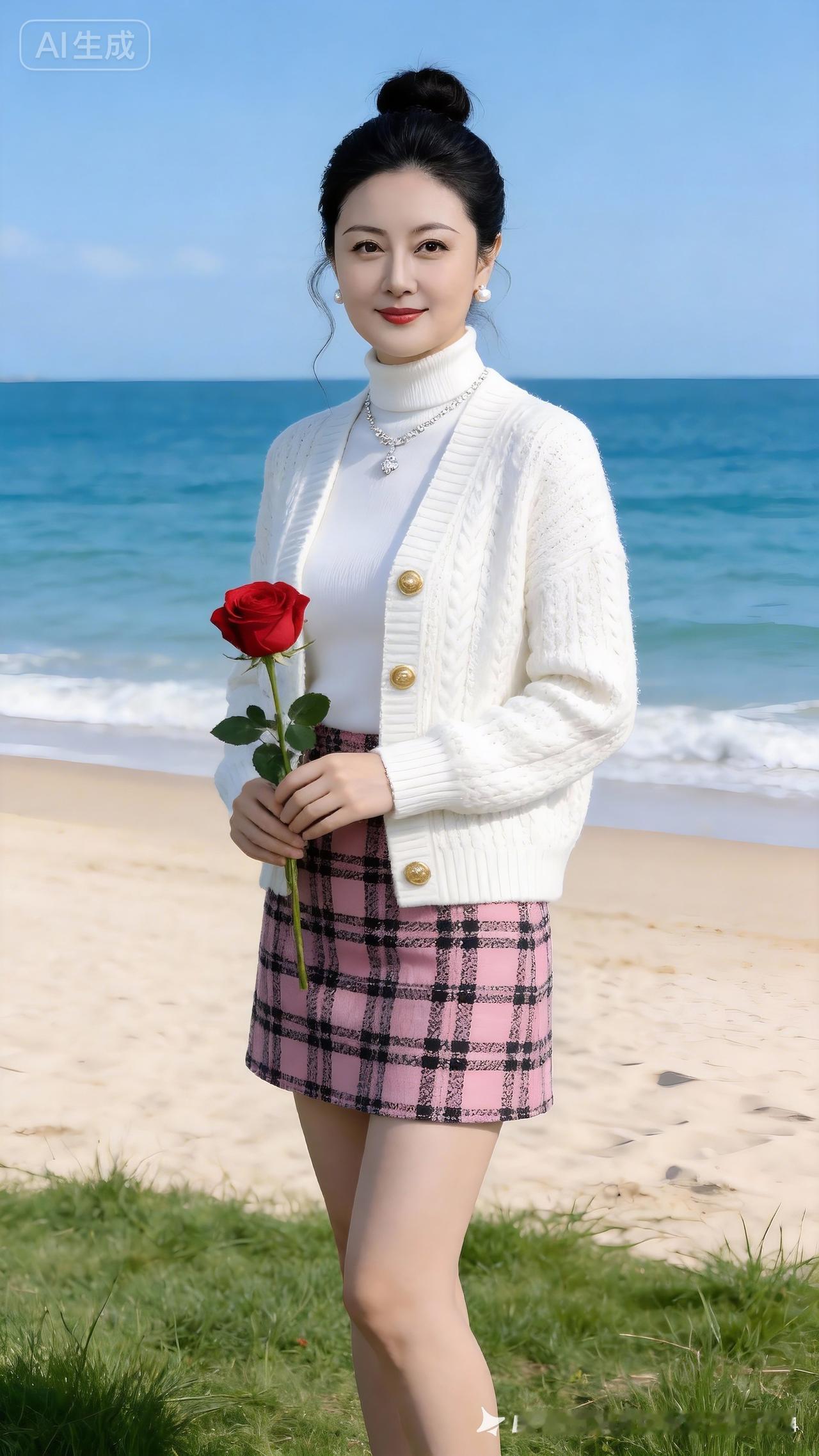 海边漫步，手持红玫瑰，优雅动人！
