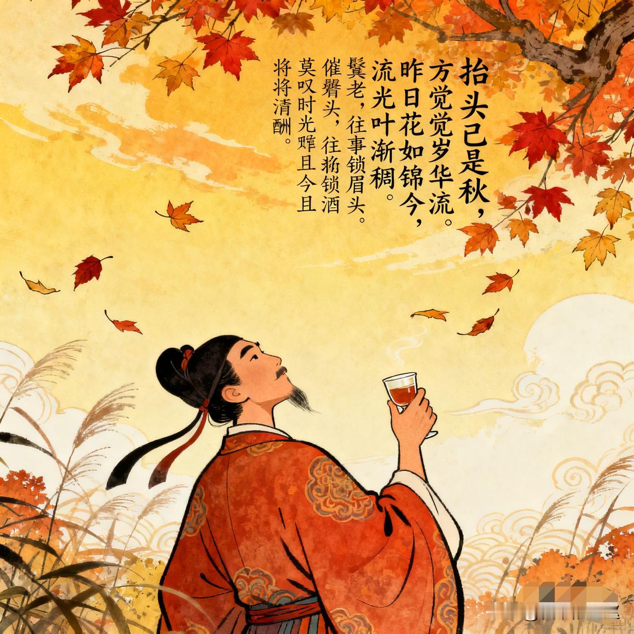 秋感
抬头已是秋，
方觉岁华流。
昨日花如锦，
今朝叶渐稠。
流光催鬓老，
往事