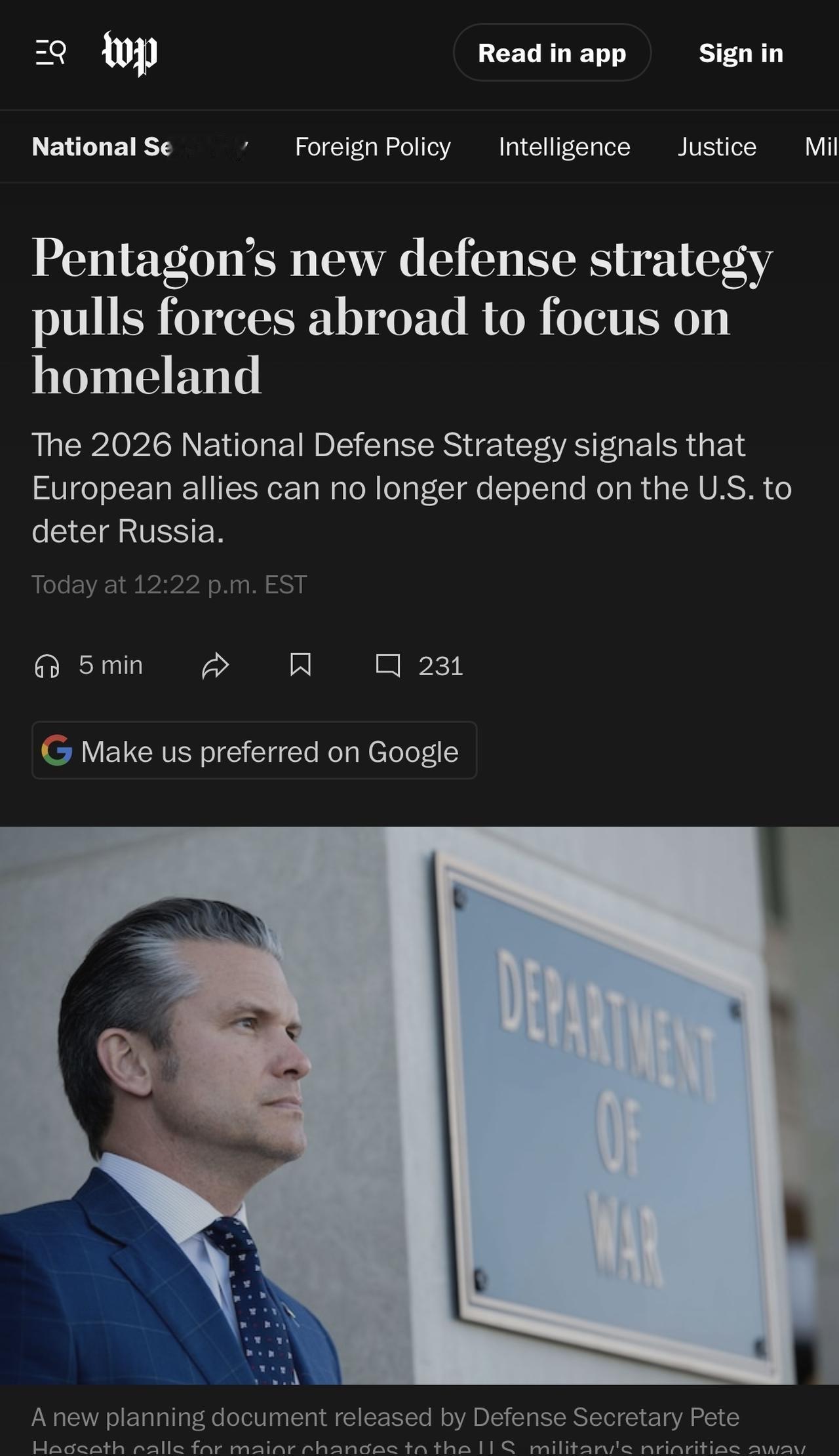 特朗普政府警告欧洲盟友，美国将从全球部分地区撤军，优先考虑自身利益和西半球的防御