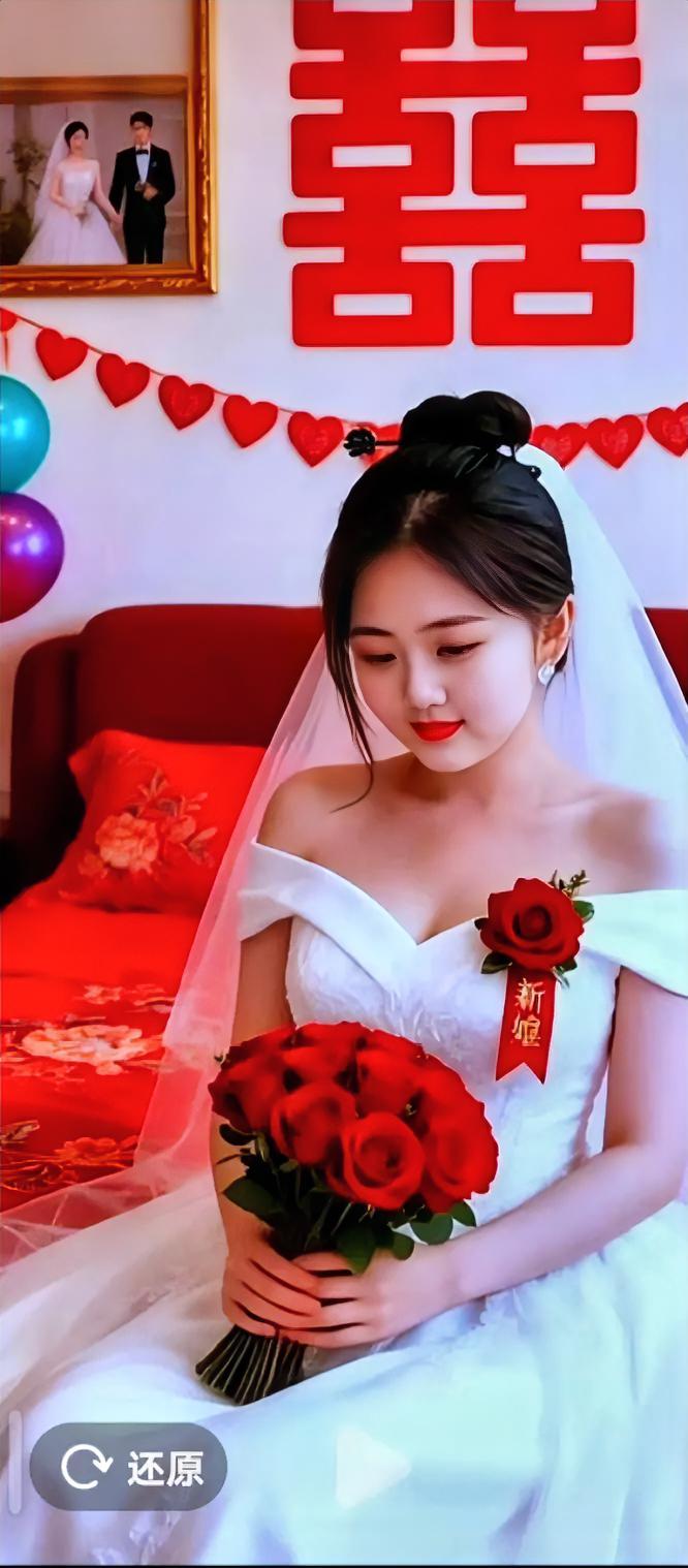 红喜字映满房间，满是期待与温柔。一袭洁白婚纱，手捧热烈红玫瑰，在满是喜庆布置的婚
