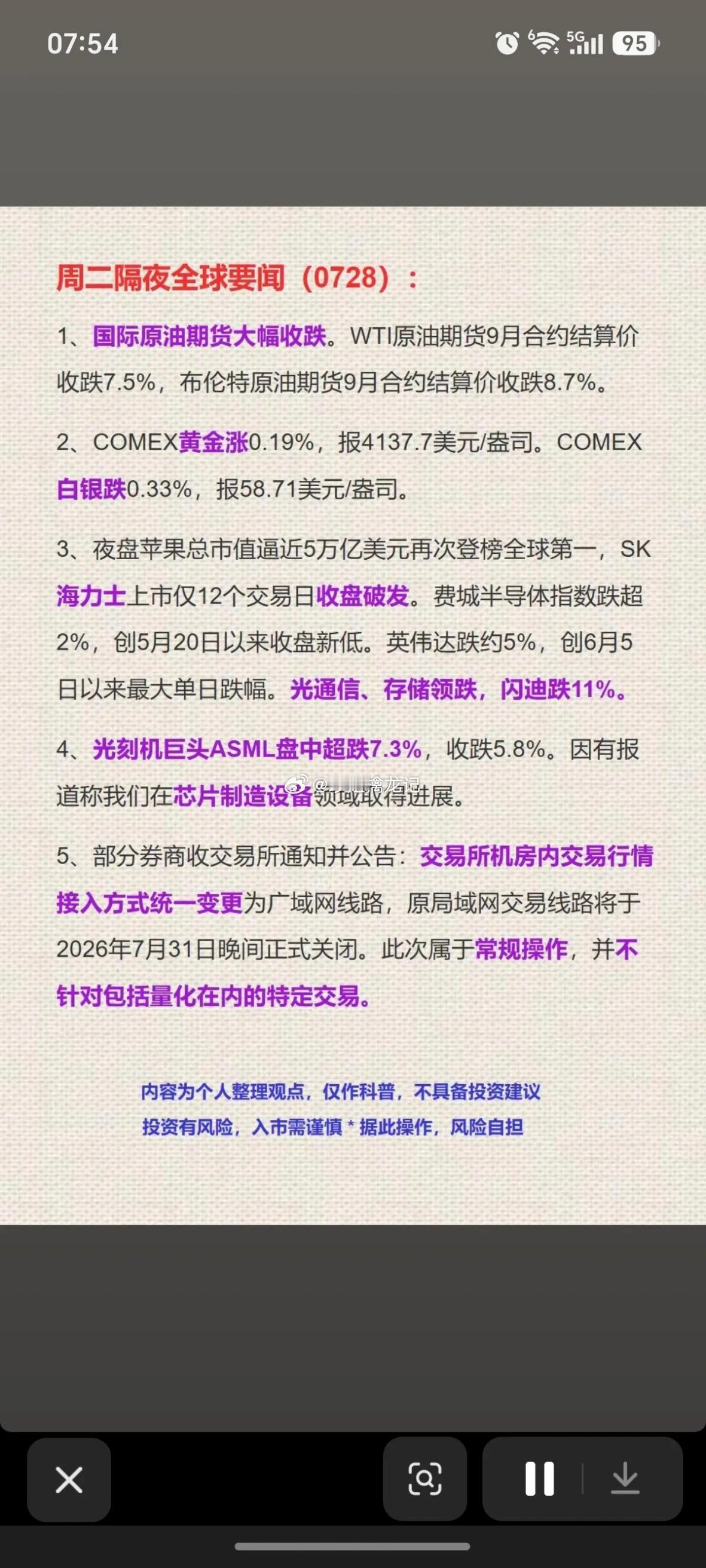 7.28周二  隔夜全球财经要闻汇总！1.原油、黄金2.海力士3.光刻机4.券商