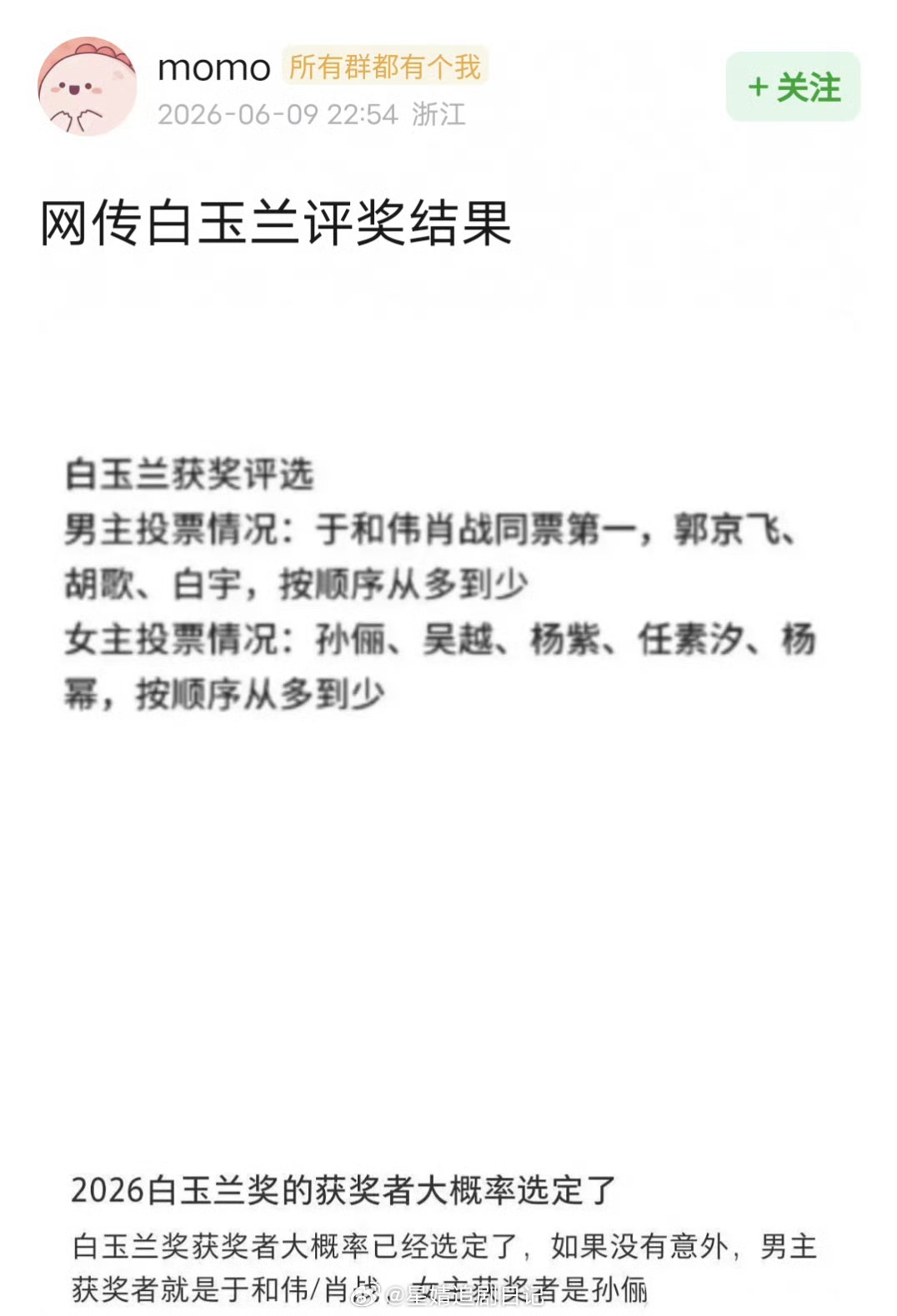 网传肖战于和伟同票第一 网传白玉兰评奖结果：男主投票于和伟肖战同票第一女主投票孙