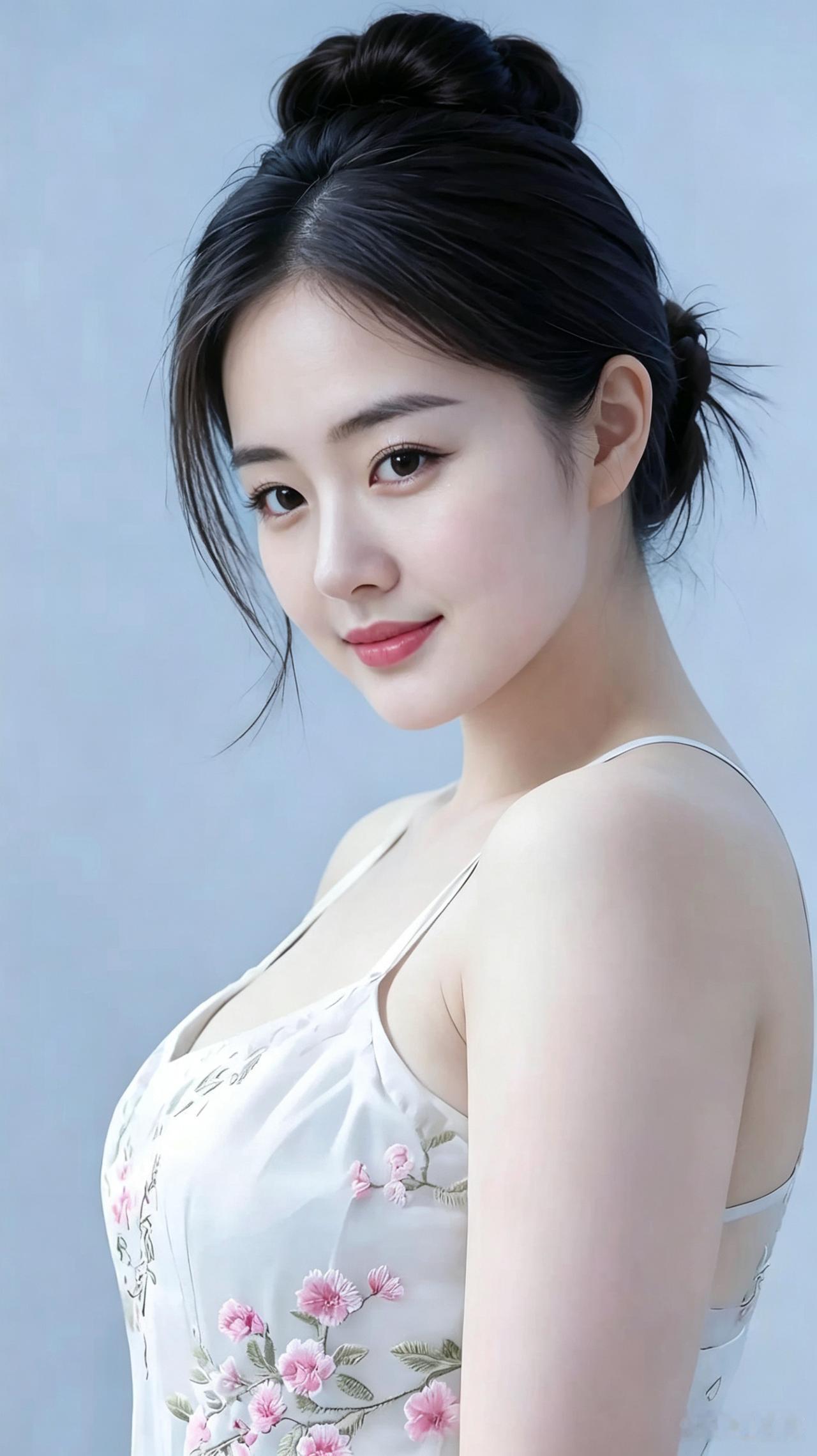 一袭轻衫绣粉芳，柔姿静立映清光。
眉含温婉藏风雅，目蕴安然带浅香。
不必珠环添贵
