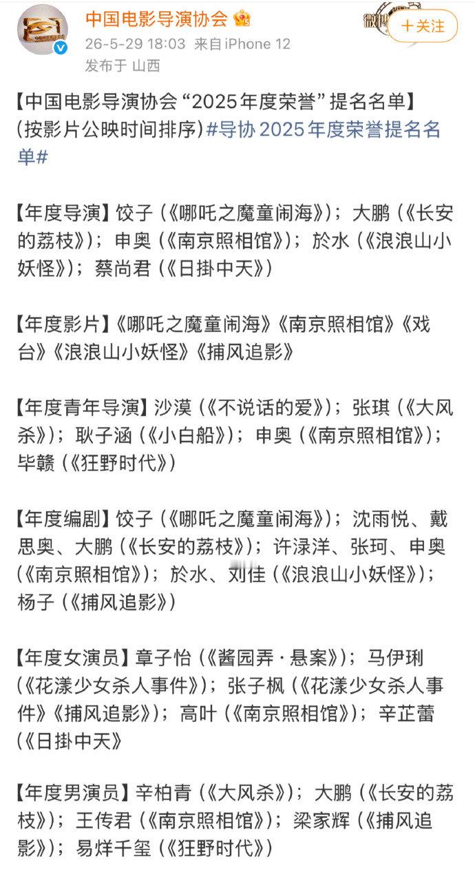 肖战0提中国电影导演协会 中国导演协会公布正式提名名单 