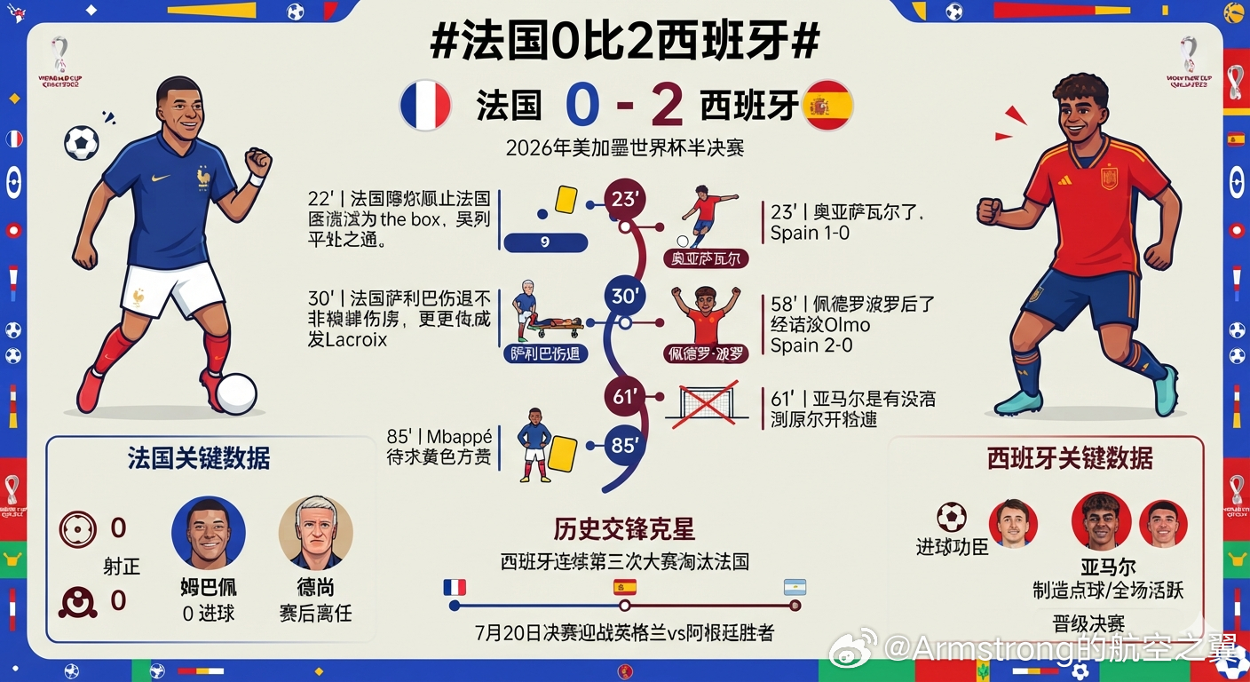 法国0比2西班牙 大V观赛团 在刚刚结束的美加墨世界杯首场半决赛中，西班牙队2比
