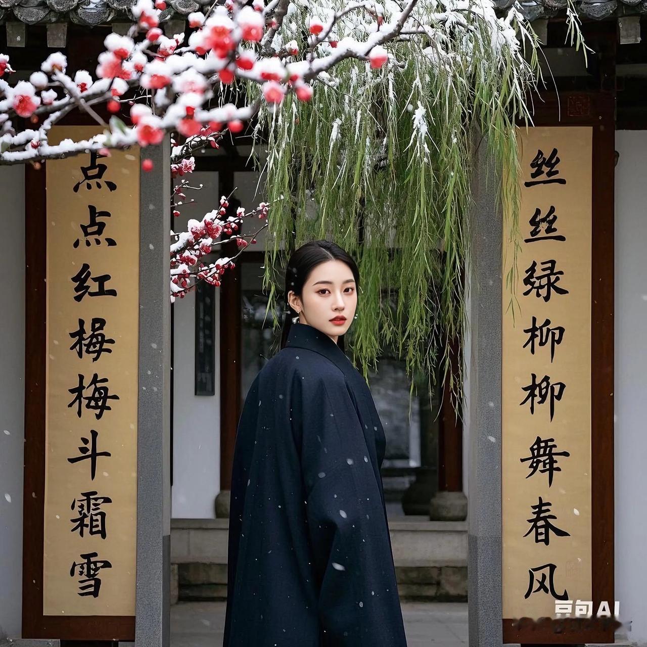 “丝丝”对应“点点”，数量词且叠词，生动形象。“绿柳”对“红梅”，颜色与植物相对