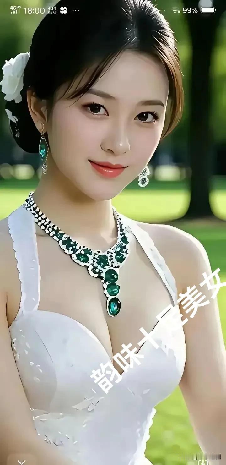 白裙优雅，绿宝璀璨，白花簪发添了温婉。她是时光雕琢的韵味美人，在绿意盎然的景致里